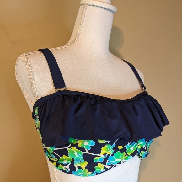 FULL COVERAGE floral ruffle top navy High Waisted BIKINI 2piece swim suit - Picture 2 of 16